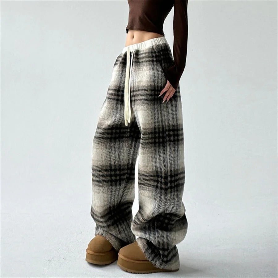Women's Wide Leg Plaid Pants | Cotton Drawstring Relaxed Fit Hero