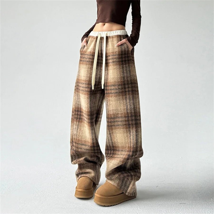 Women's Wide Leg Plaid Pants | Cotton Drawstring Relaxed Fit Side