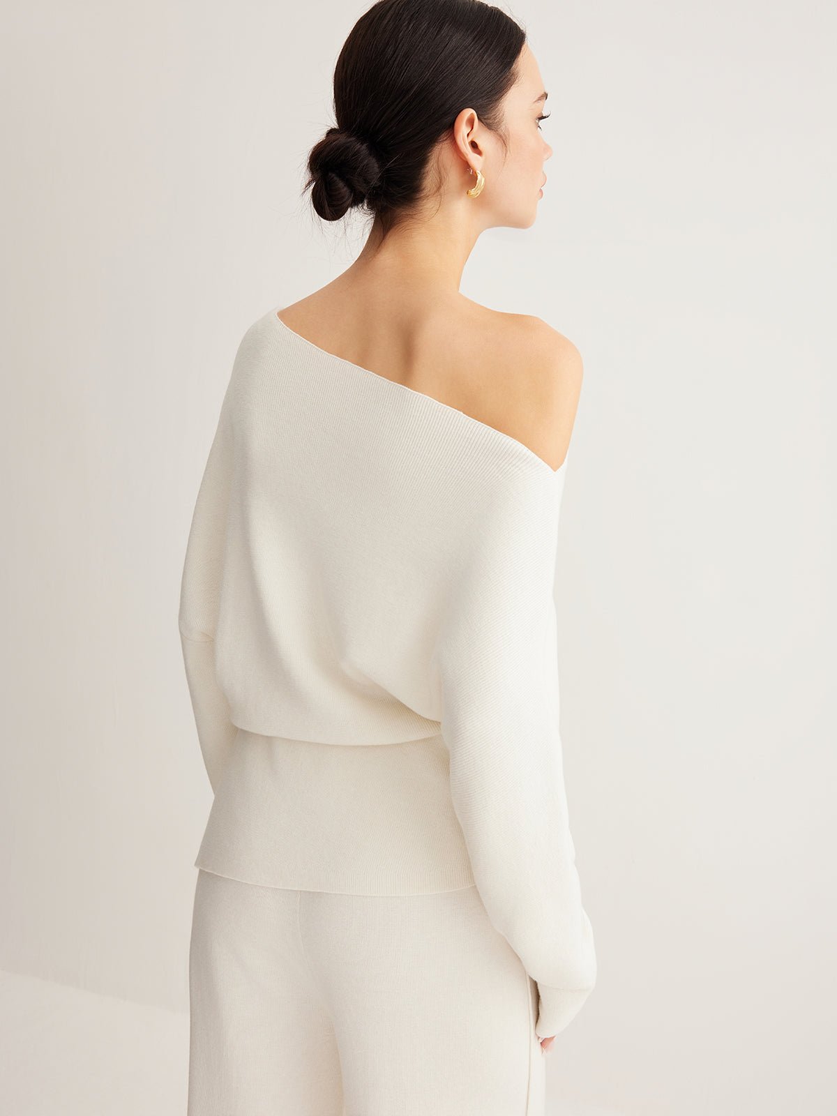 Women's Wool Asymmetrical Neck Knit Top | Cold Shoulder Close Up