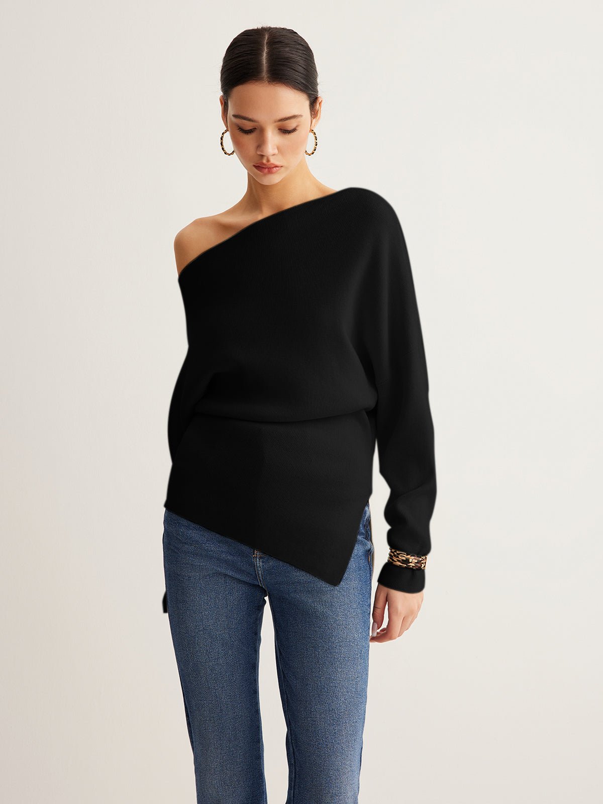 Women's Wool Asymmetrical Neck Knit Top | Cold Shoulder View 12