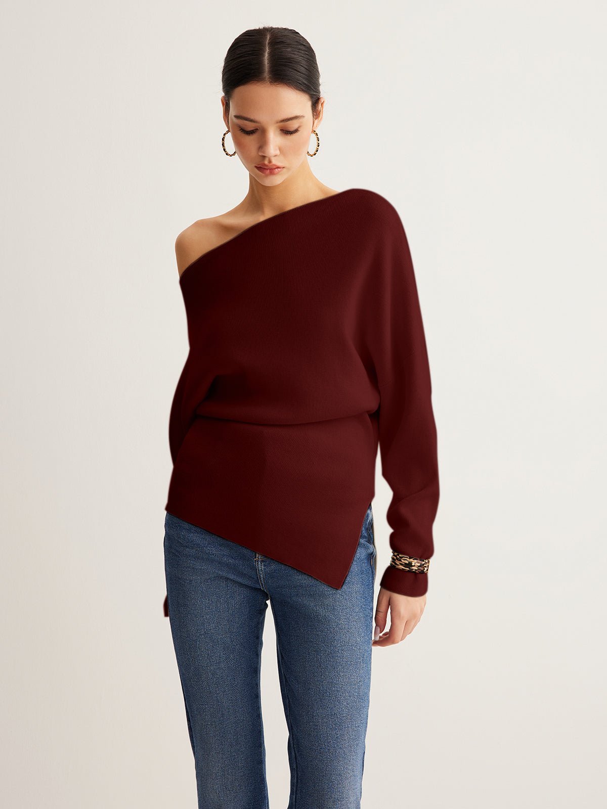 Women's Wool Asymmetrical Neck Knit Top | Cold Shoulder View 13