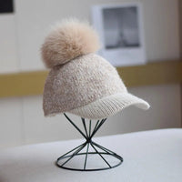 Women's Wool Pom Cap | Faux Fur Alpine Beanie Close Up