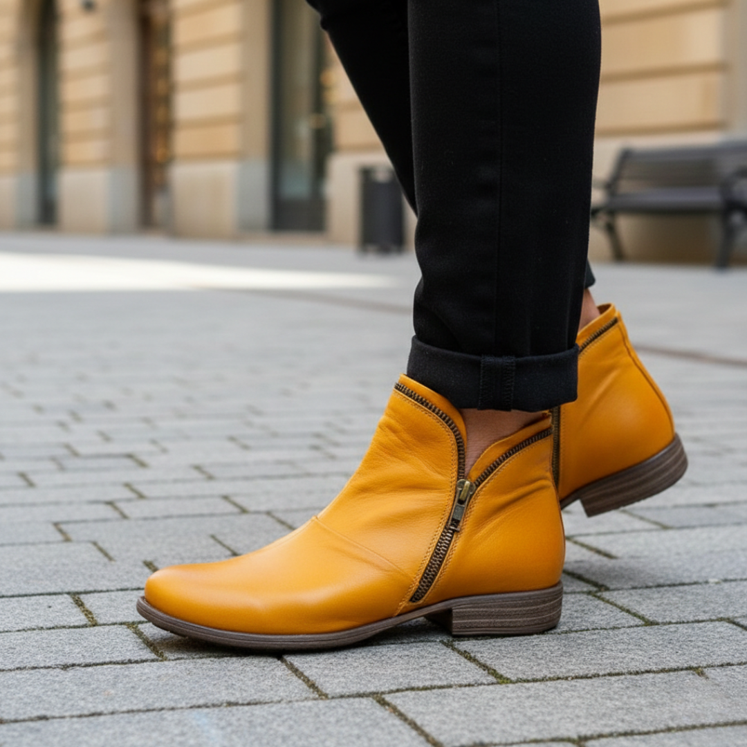 Bottes chevilles pour femmes en cuir synthétique orthopédique à double fermeture éclair et fronces