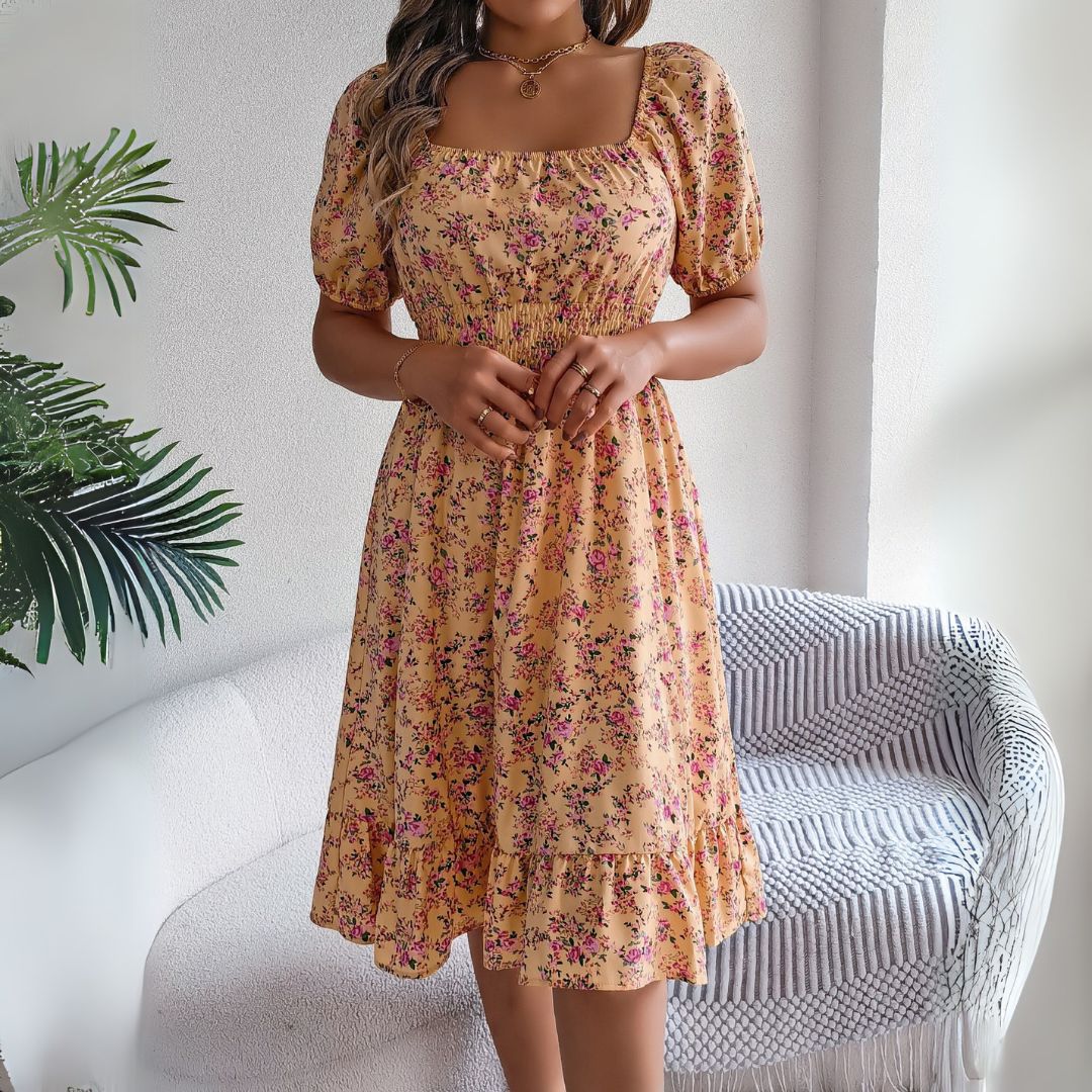 Damen Blumen Midikleid Baumwolle Puffärmel | Vestea