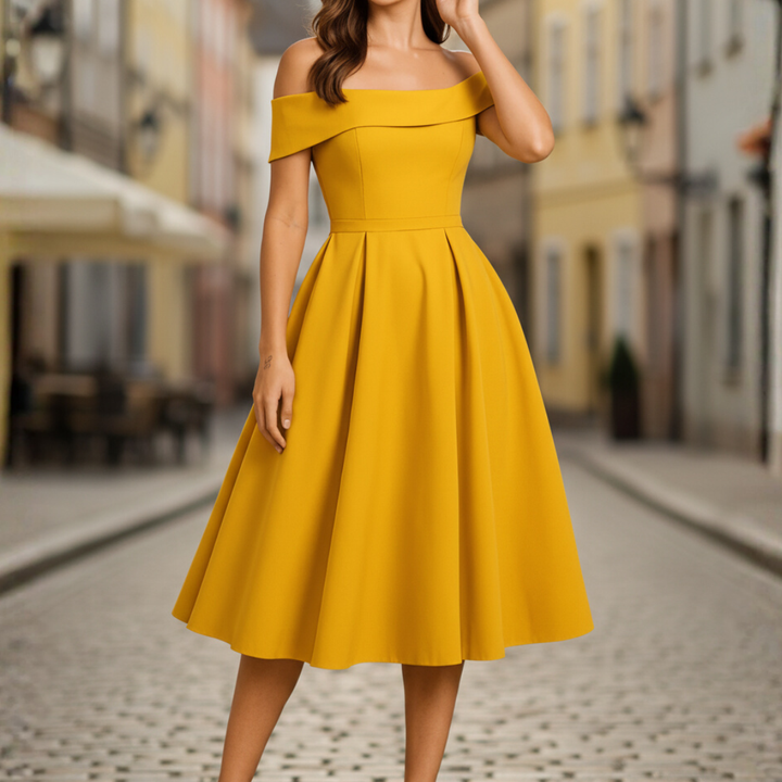 Schulterloses Damenkleid mit ausgestelltem Rock | Vestea