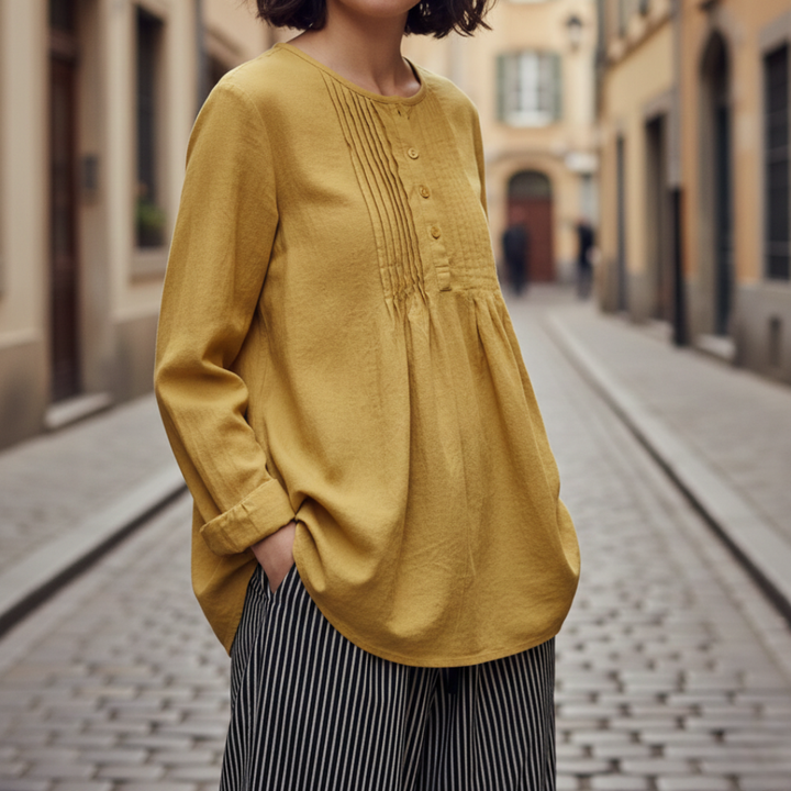 Blouse tunique à plis nervurés manches longues coupe décontractée femme